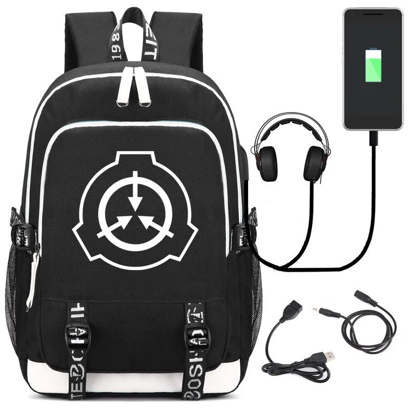 Аниме Bookbag SCP печать сумка usb зарядка Рюкзак Ткань Оксфорд Школьный Дорожная для