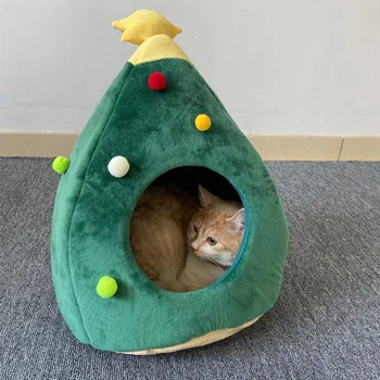 

Christmas Tree Shape Cat House Cave Bed Soft Teepee House Warm Cat Bed for Winter HKS99