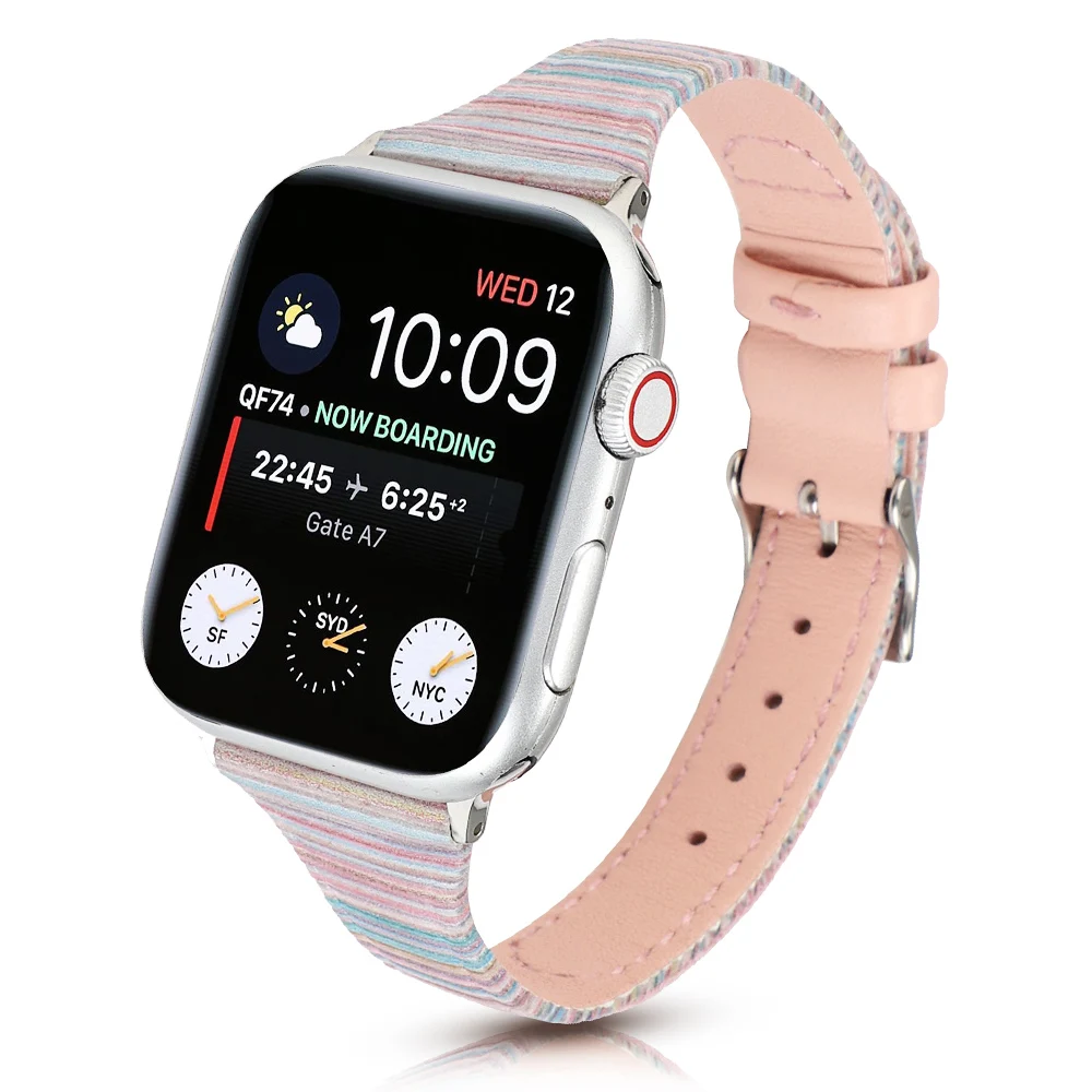 Stripe Leather Band for Apple Watch 7 Strap Series 6 SE 5 4 3 Thin Bracelet Iwatch 41mm 45mm 40mm 44mm 38mm 42mm Slim Belt | Наручные