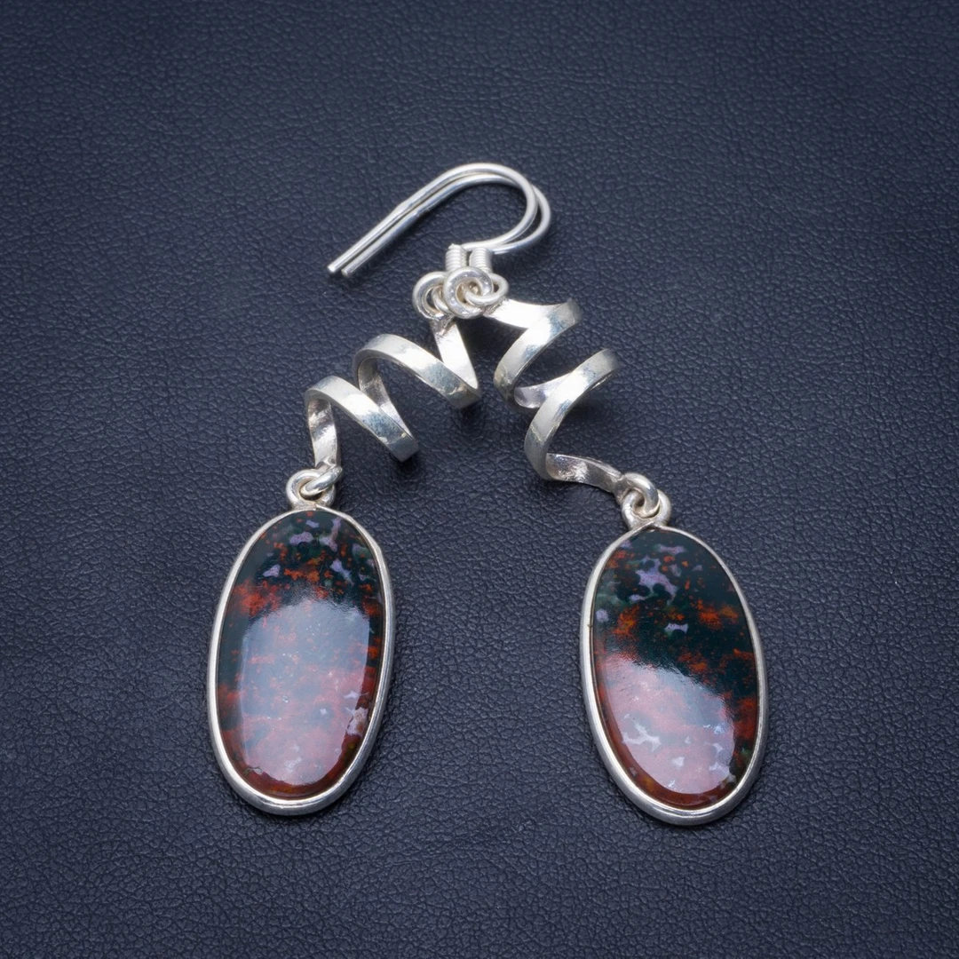 

Natural Blood Stone Handmade Unique 925 Sterling Silver Earrings 2.5" B2065