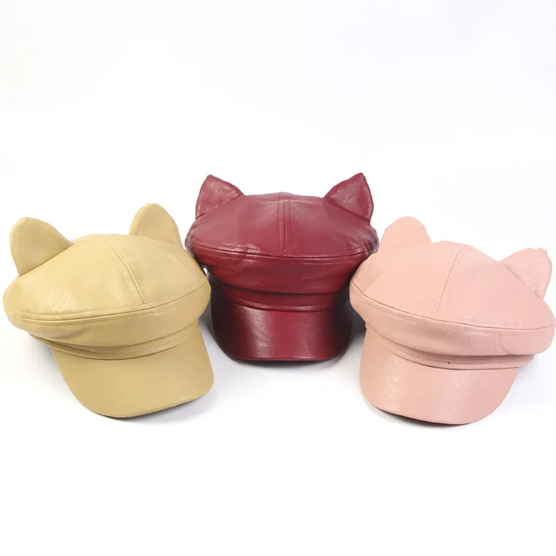 

Leather Octagonal Cap Children Autumn And Winter PU Leather Korean-style Ear Military Cap Cute Soft Girl Bailey Brim Hat Japanes