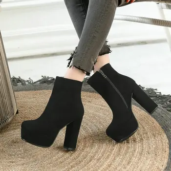 

Black Yellow Red Autumn Winter Women High Heels Ankle Boots Platform Suede Chunky Heeled Short Boots Zipper Ladies Boot Shoes