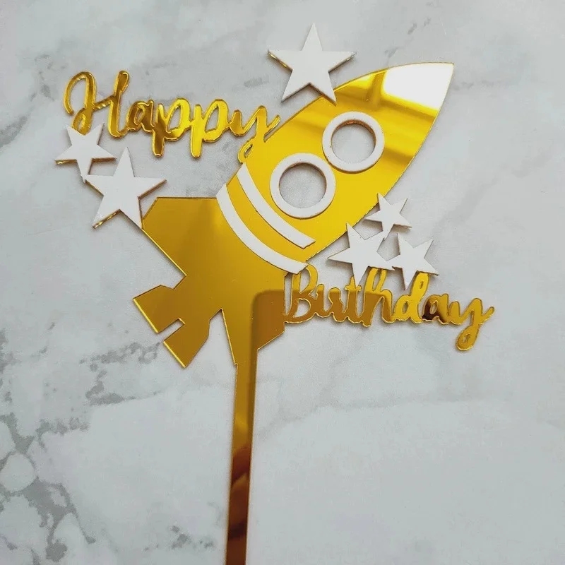 1pcs Double Layers Acrylic Space Theme Rocket Happy Birthday Cake Topper Kids Birthday Party Decoration Supplies Boy Favors