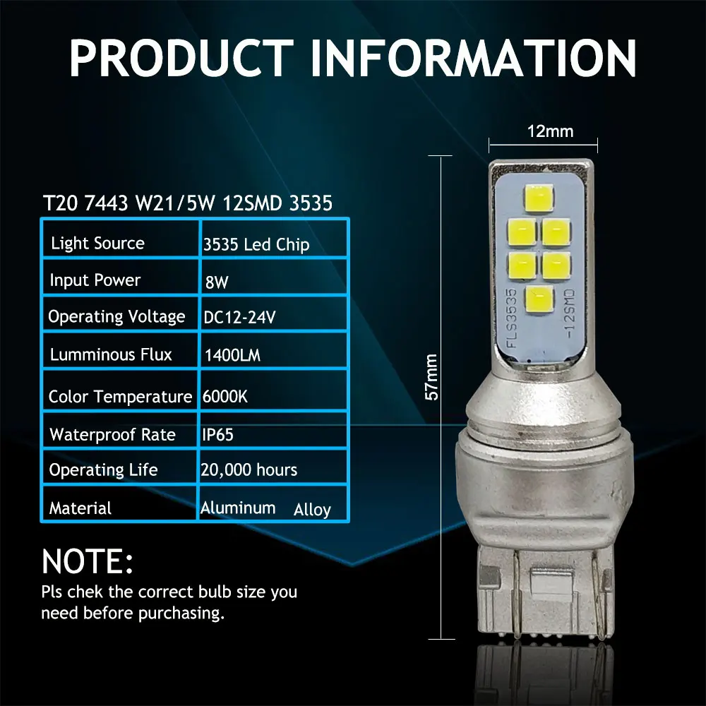 10 шт. светодиодный фонарь T20 7443 W21/5W 7440 W21W WY21W 12SMD 3535 стоп сигнал задний белый