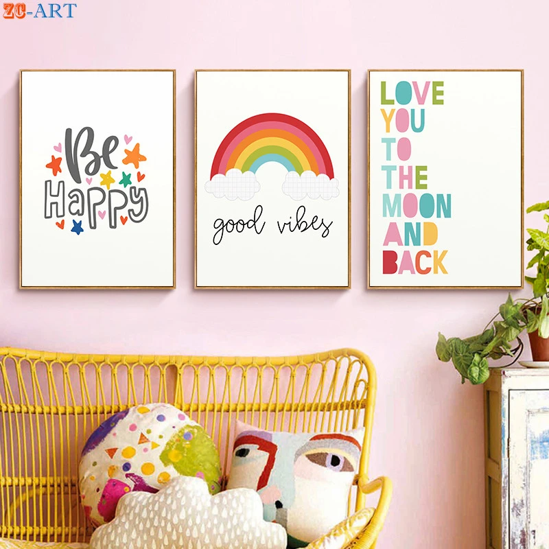 Affiche Murale Avec Citation Impression Arc En Ciel Dessin Anime Peinture Sur Toile Couleur Pastel Art Mural Decoration De Chambre D Enfant Photos Murales Decor De Pepiniere Aliexpress Maison Animalerie