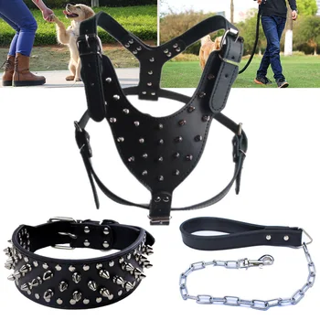 

Studded Spiked Leather Dog Collar Harness Leash Set for Pitbull Mastiff Pet Collar Best Price