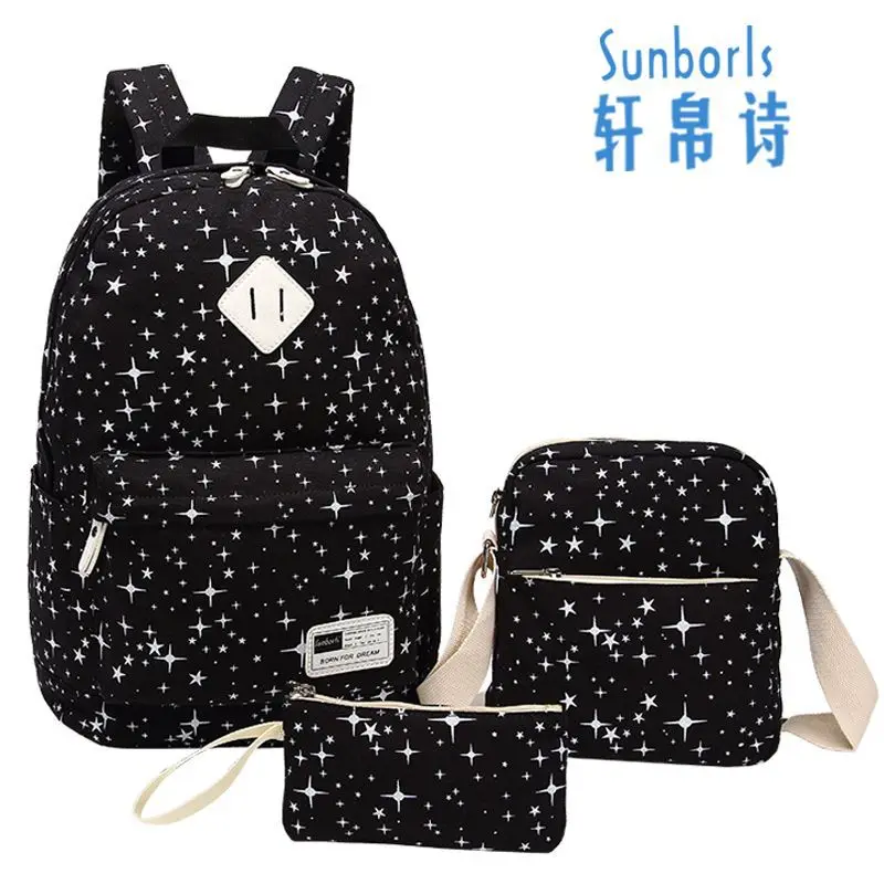 

three-piece set student bag girl canvas backpack spot shoulder bag