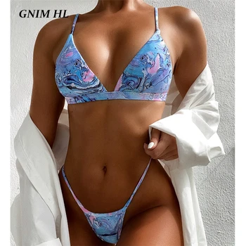 

GNIM Sexy Triangle Bikini Swimwear Women 2020 Summer Two Pieces Print Swim Bathing Suit Women Beachwear Halter Swimsuit Biquini