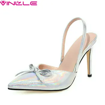 

VINLLE 2020 Pointed Toe Butterfly-Knot Sandals PU Leather Summer Women Pumps Back Strap Thin High Heel Ladies Shoes Size 34-43