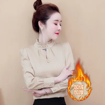 

Stand Collar Chiffon Shirt Women Long Sleeve 2019 Autumn And Winter New Style Western Style plus Velvet Thermal Underwear Base S