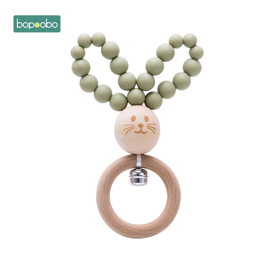Bunny Matcha Green Bopoobo 1 шт. BPA бесплатные Силиконовые Прорезыватели зубов детские бусы кольца из натурального дерева зубы резиновый Houten Ringen деревянные погремушки детского подарка - Цвет: Bunny Matcha Green