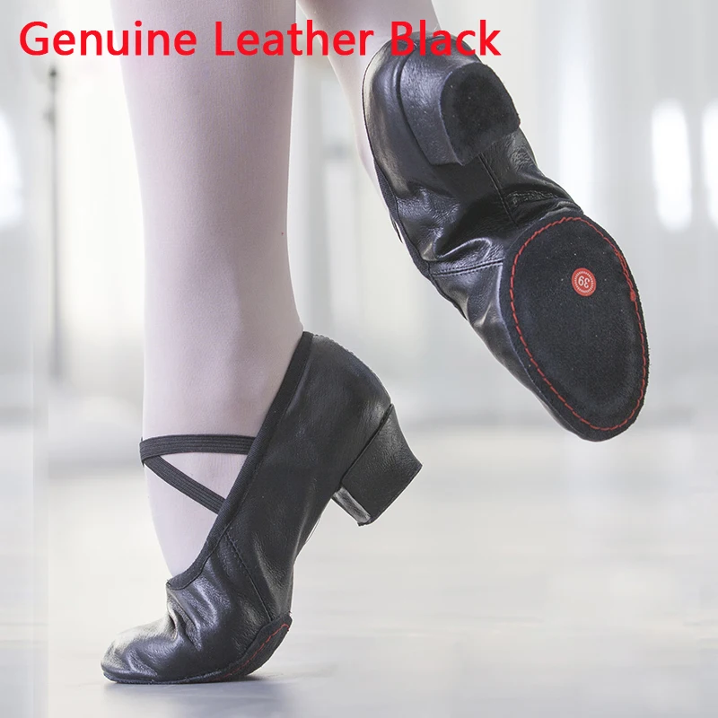 Качественная танцевальная обувь для женщин; кожаная обувь на среднем каблуке для девочек; балетная обувь для джаза; обувь для танца живота и йоги; обувь для латинских танцев; обувь для учителя - Цвет: Genuine Leather BK