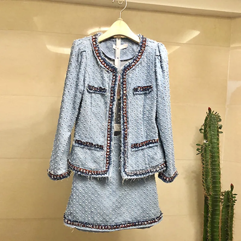 

2019 Autumn Denim Patchwork Designer Runway Women Cardigan Jacket Coat+Bodycon Mini Pencil Skirt Suit Work Casual 2 Piece Set