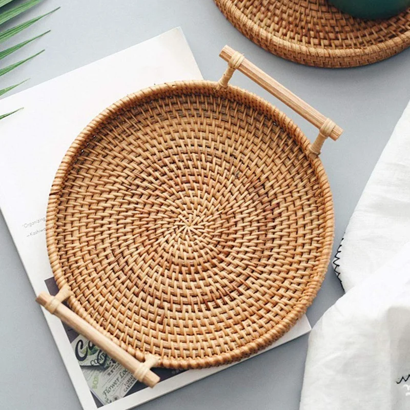

Rattan Storage Tray, Round Basket with Handle, Hand-Woven, Rattan Tray Wicker Basket Bread Fruit Food Breakfast Display L