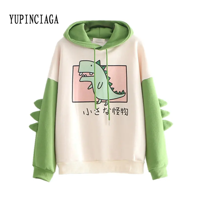 YUPINCIAGA, женские теплые пуловеры с капюшоном и принтом динозавра, толстовки из плотного флиса, популярные цвета с рогами, Harajuku, Толстовка для подростков, девочек
