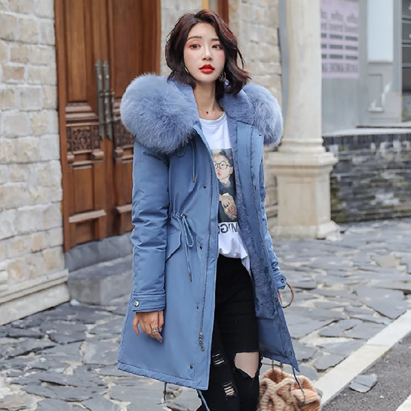 

2019 Winter New Style down Jacket Cotton-padded Clothes Women's Faux Rabbit Fur Liner Mid-length Loose-Fit Waist Hugging Slimmin