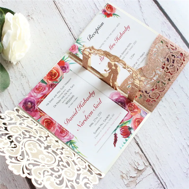 glitter rose gold Блестящие золотые всплывающие приглашения для свадьбы в деревенском стиле открытки для девичника персонализированные приглашения - Цвет: glitter rose gold