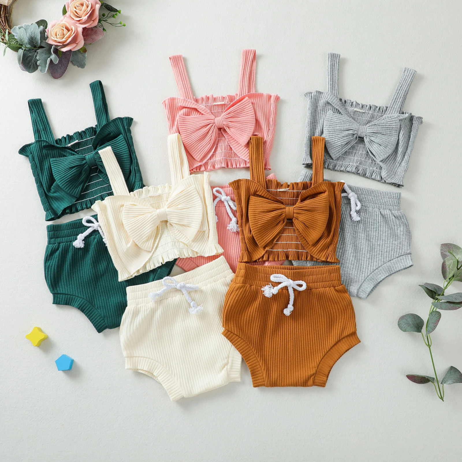 Baby Girls 2PCS Summer Outfits, Sleeveless Bow Front Rib Knit Tank Tops + Shorts Set baby clothes set gift