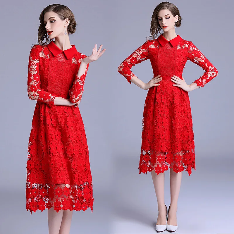 

2019 Spring Europe And America New Style Debutante Elegant Mid-length Peter Pan Collar Hollow out Water Soluble Lace Dress