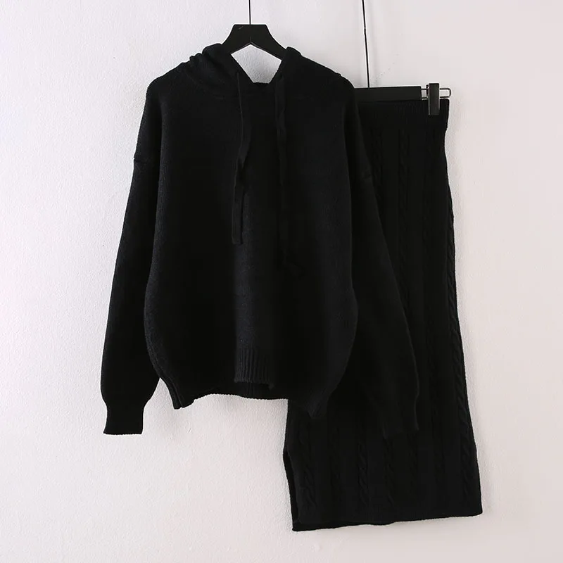 Осень, модный Женский вязаный комплект из 2 предметов, свитер с капюшоном и длинными рукавами, юбка, костюм из двух предметов