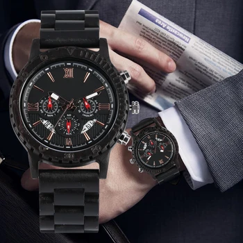 

Relogio Masculino Strap Wooden Wrist Watch Men Large Dial With Calendar Date Wooden Watches Dark Brown Case Male Watch Xmas Gift