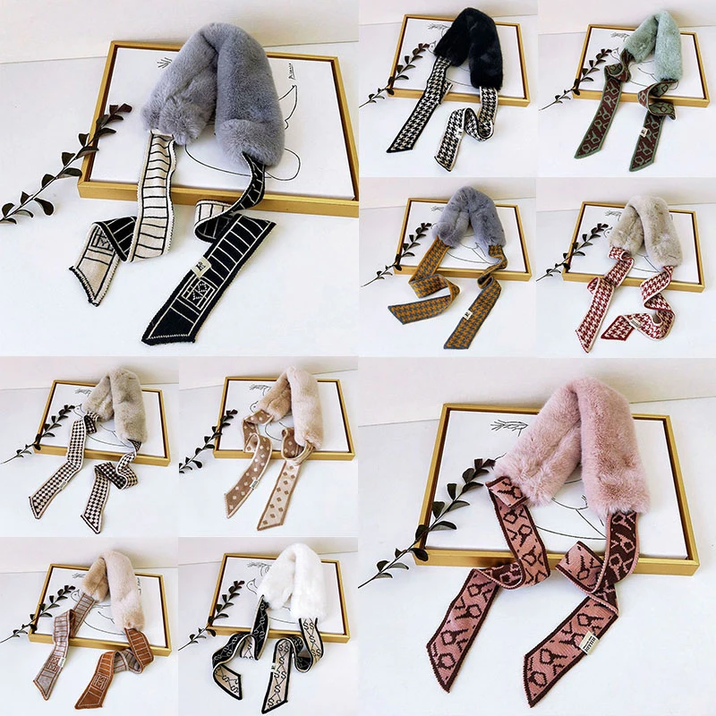 

Knitted Plush Scarf Geometric Patterns Long Skinny Crochet Autumn Winter Scarves Neck Collar Scarves Female Faux Fur Neck Warmer
