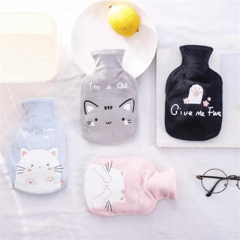 350ML Safe Hot Water Bottle Cat Soft Warm Winter Portable Reusable Protective with Plush Cover Washable Leak Proof Pain Relief