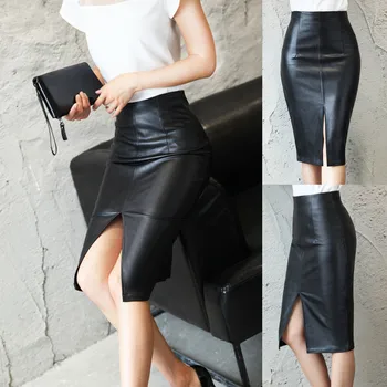 

Womens Leather Body-con Skirt High Waist Office Slim Split Skirt Knee Length Lady Fashion Skirs Female Falda Mujer Skirs Casual