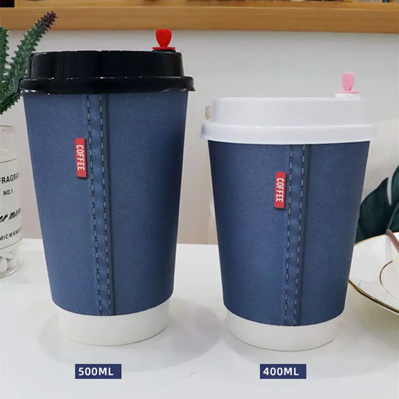 50pcs High quality double thick milk tea paper cup 400ml 500ml disposable coffee cup creative denim color drink cup with lids