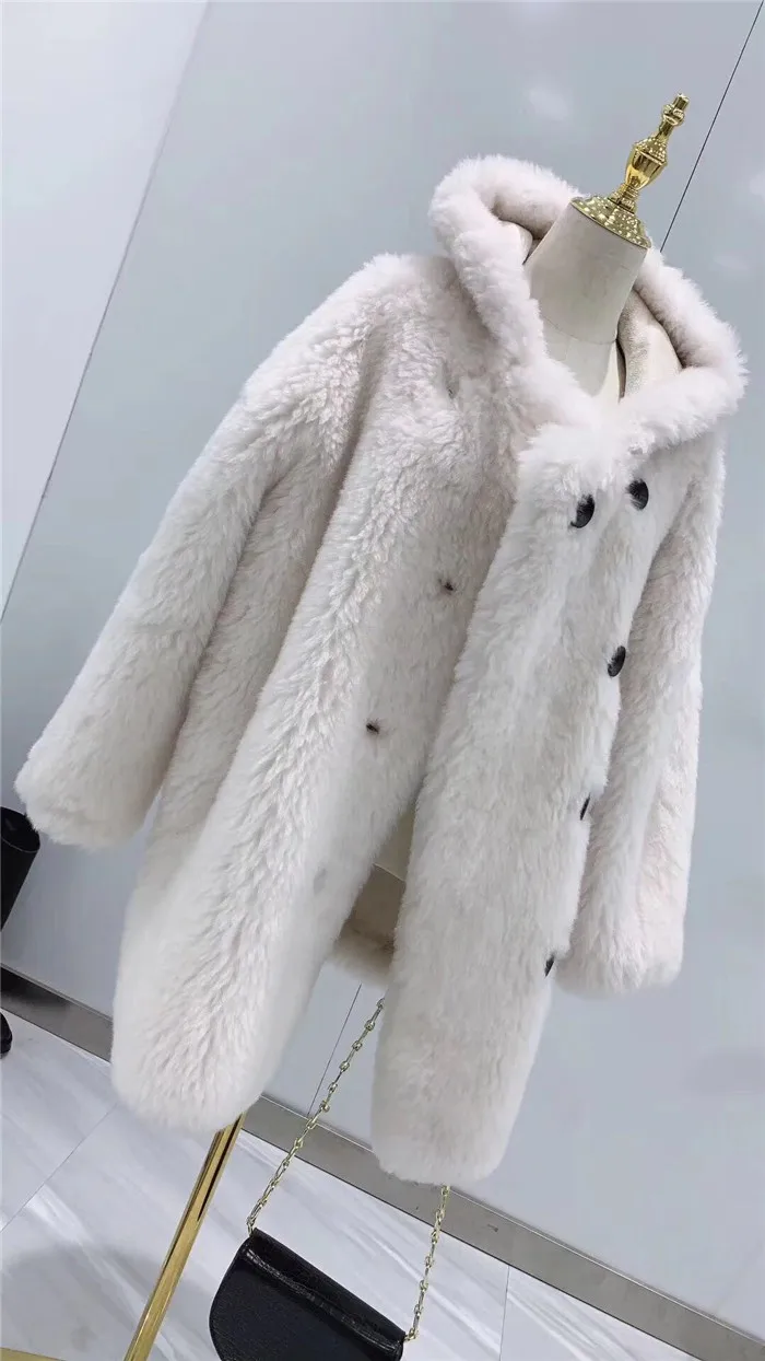 Новое зимнее женское пальто из натуральной овечьей шерсти с капюшоном, повседневное женское длинное пальто из натуральной овечьей шерсти