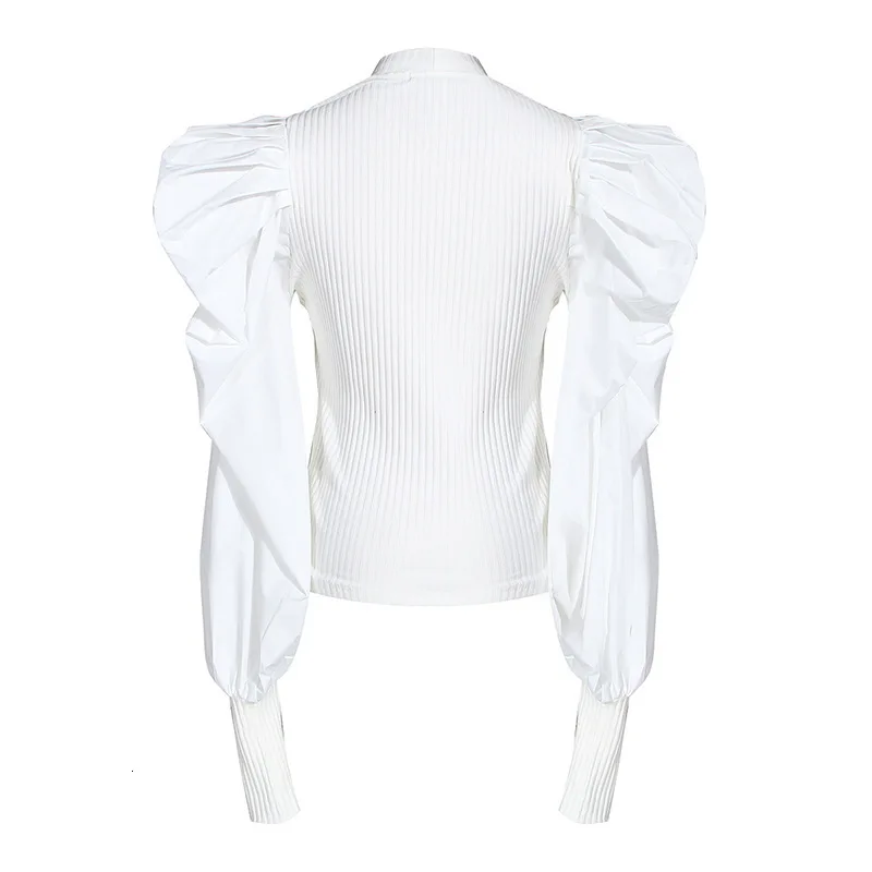 SeeBeautiful New Fashion Autumn Winter Stand Neck Long Puff Sleeve Pleated Stitching Knitting Blouse Shirt Women N897