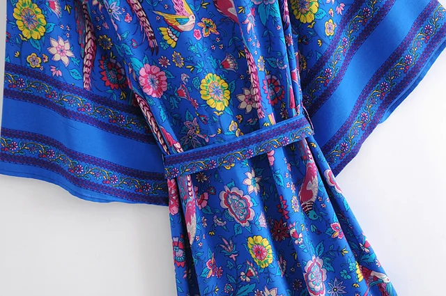 Peacock Floral Print Sashes bohemian Vintage chic Women  Kimono Ladies V Neck batwing Sleeves blue Boho Maxi dress robe 5