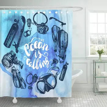 

72 x 72 inches Scuba Diving Equipment Sketch Round Composition Including Mask Snorkel Air Tank Set with Hooks Decorative Shower