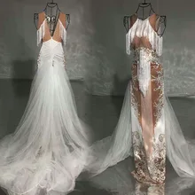 Дизайн Обнаженная Белое Платье Хвост Танцевальный Костюм День Рождения Отпраздновать Производительность Платье Стрейч Платье Бальные Певица Длинный Поезд