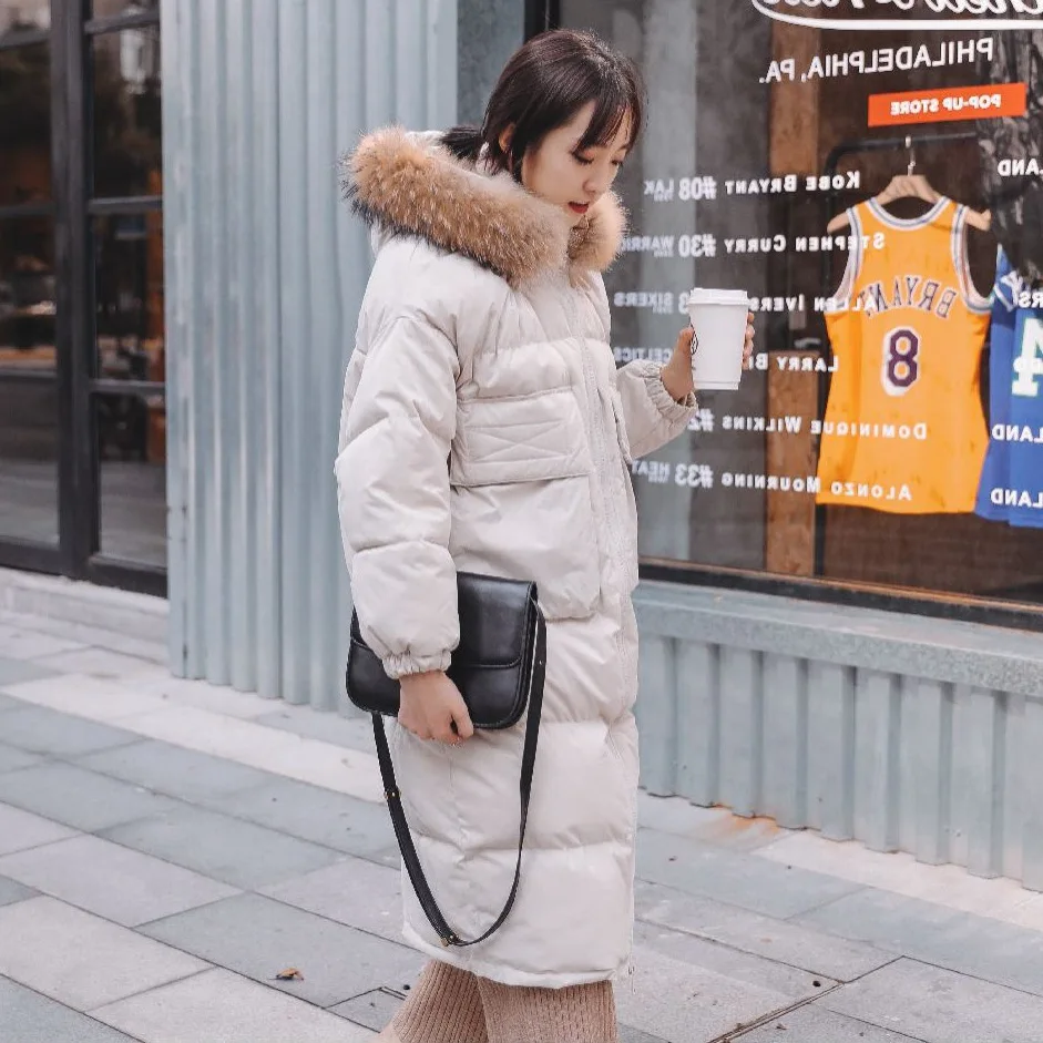 

Photo Shoot CHIC Douyin Thick Environmentally Friendly Fur Collar Hooded down Coat in Large Yellow Pocket Long over-the-Knee Cot