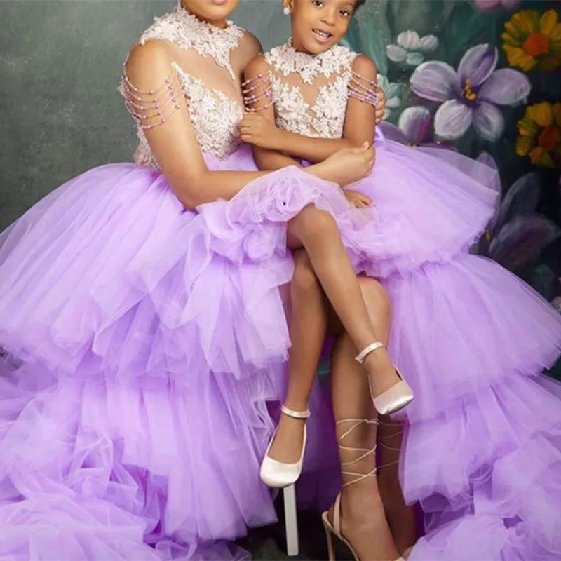 202purple high low flower girls dresses high collar beading lace appliques layered tulle skirt kids birthday party dress_副本