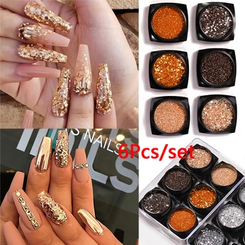 

6pcs Nail Glitter Silver Black Colors Powder Shiny Luxury Sparkles Nail Art Sequins Pigment Flakes Dust 3D Decorations