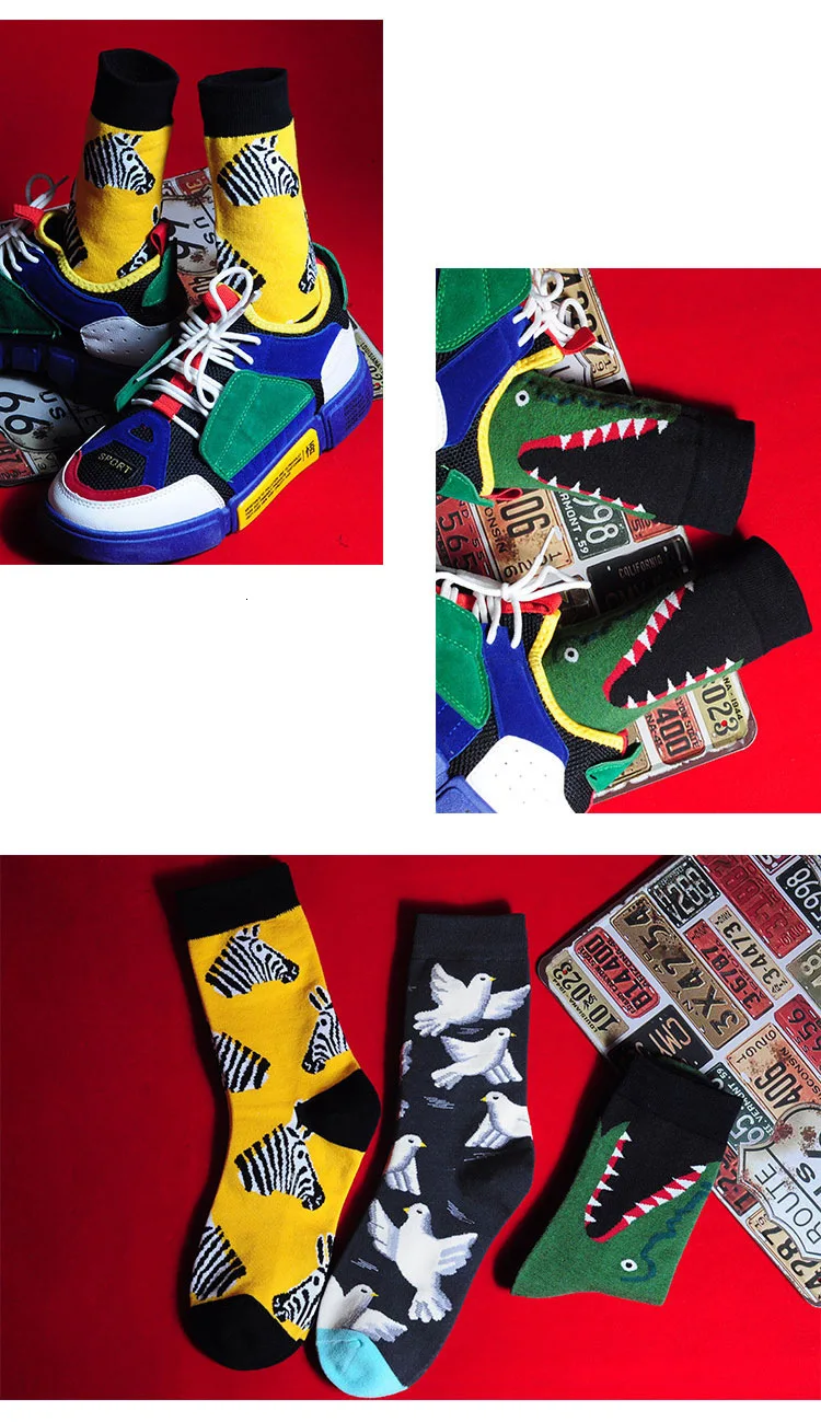 V-Hanver Для мужчин Мода Harajuku одежда с принтом героев мультфильмов, крокодил, Акула Зебра рисунком цветов и птиц, яркие носки для малышей; мягкие и удобные хлопковые носки Happy