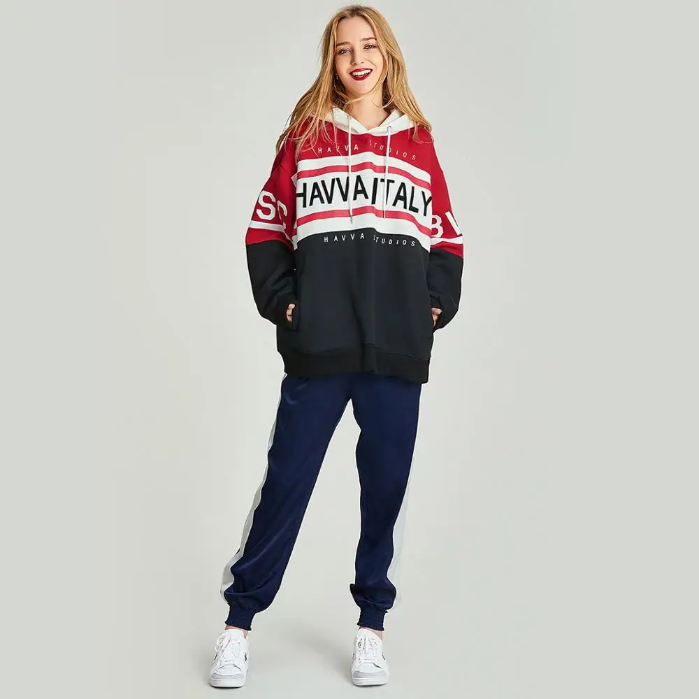 Хавва осень и зима женский пуловер хлопок короткий хит цвет с капюшоном Свободная Толстовка V3149 - Цвет: Red