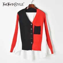 TWOTWINSTYLE мозаичное яркое цветное женское свитер длинный рукав v-образный вырез карман негабаритный женский кардиган осень мода
