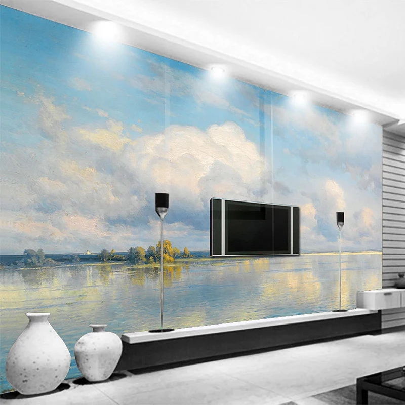 nuvens lago pintura oleo paisagem mural 02