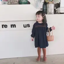 Детское платье с длинными рукавами; платье для куклы с воротником; винтажное темно-синее платье; одежда для маленьких девочек