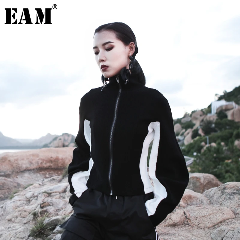 

[EAM] Loose Fit Black Split Joint Temperament Jacket New Stand Collar Long Sleeve Women Coat Fashion Autumn Winter 2019 1B390