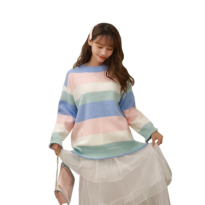 

Retro Rainbow Stripe Turtleneck Sweater Women Pullovers 2019 Autumn Winter Warm Knit Jumpers Loose Oversized Colorful Sweaters