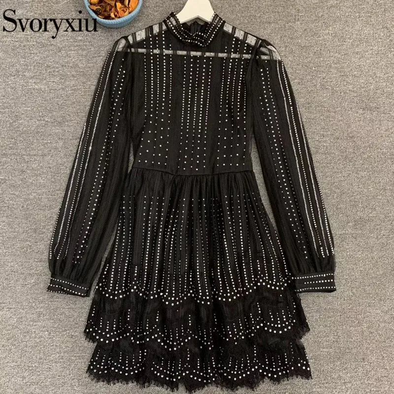 

Svoryxiu Designer Autumn Sexy Party Black Mesh Dot Dress Women's Fashion Standing Collar Long Sleeve Ruffle Mini Dress