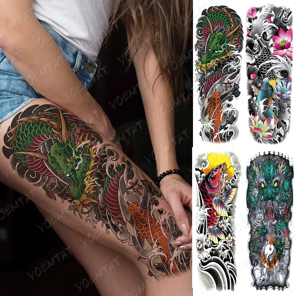 

Waterproof Temporary Full Arm Tattoo Stickers Dragon Koi Lotus Totem Painted Flash Tattoos Woman Body Art Fake Sleeve Tatto Man