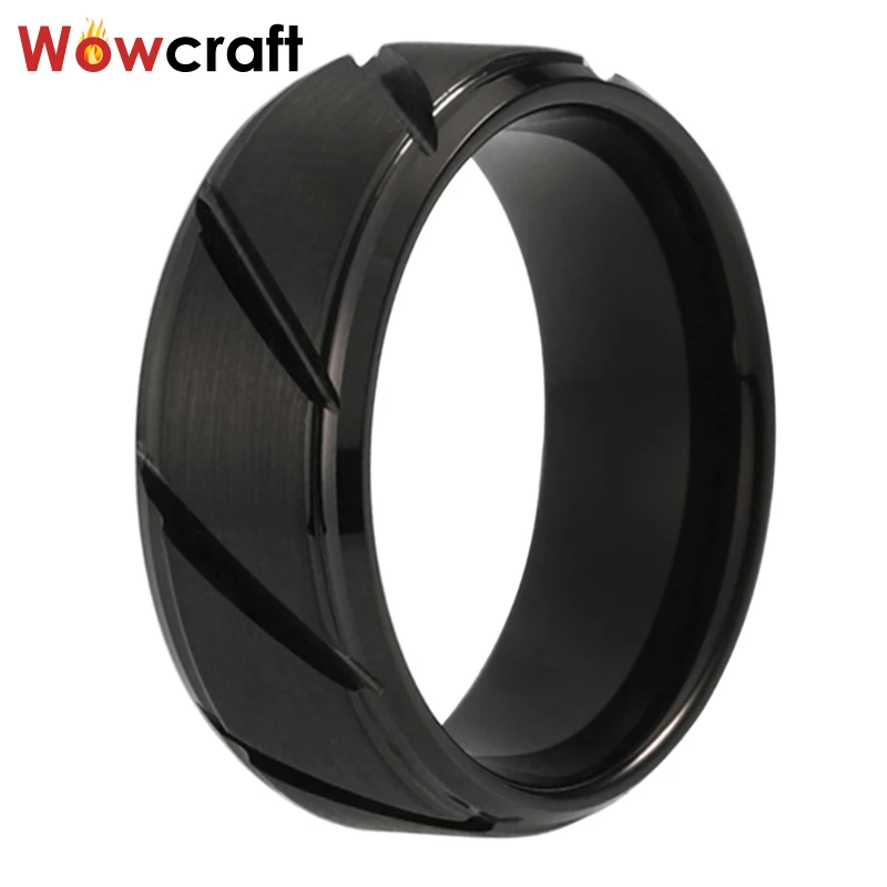 8mm Unisex Tungsten Wedding Ring with Bevel Stepped Edges Grooved Black Brushed Engagement Band Rings | Украшения и аксессуары