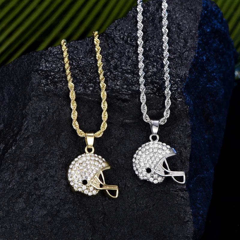 Football Helmets Pendant Necklace Iced Out Full Crystal Pendant Long Chain Women Fashion Charms 