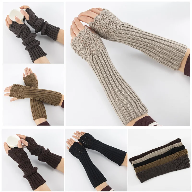 

Winter Women Long Sleeves Mittens Solid Soft Thicker Warm Acrylic Stretch Knit Half Finger Fingerless Arm Warmers Gloves C74
