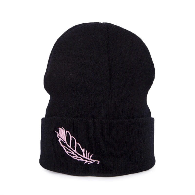 Черный Winter Beanie Warm Women New Rose Embroidery Turban Hats Knitted Snow Ski Knit Hat - Цвет: Черный